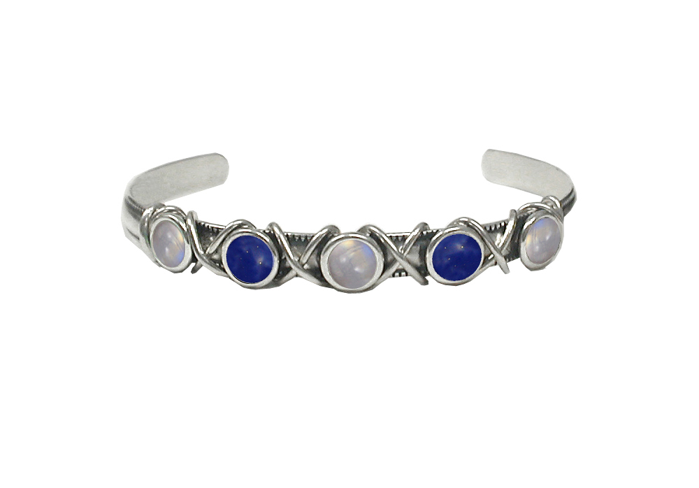 Sterling Silver Cuff Bracelet With Rainbow Moonstone And Lapis Lazuli
